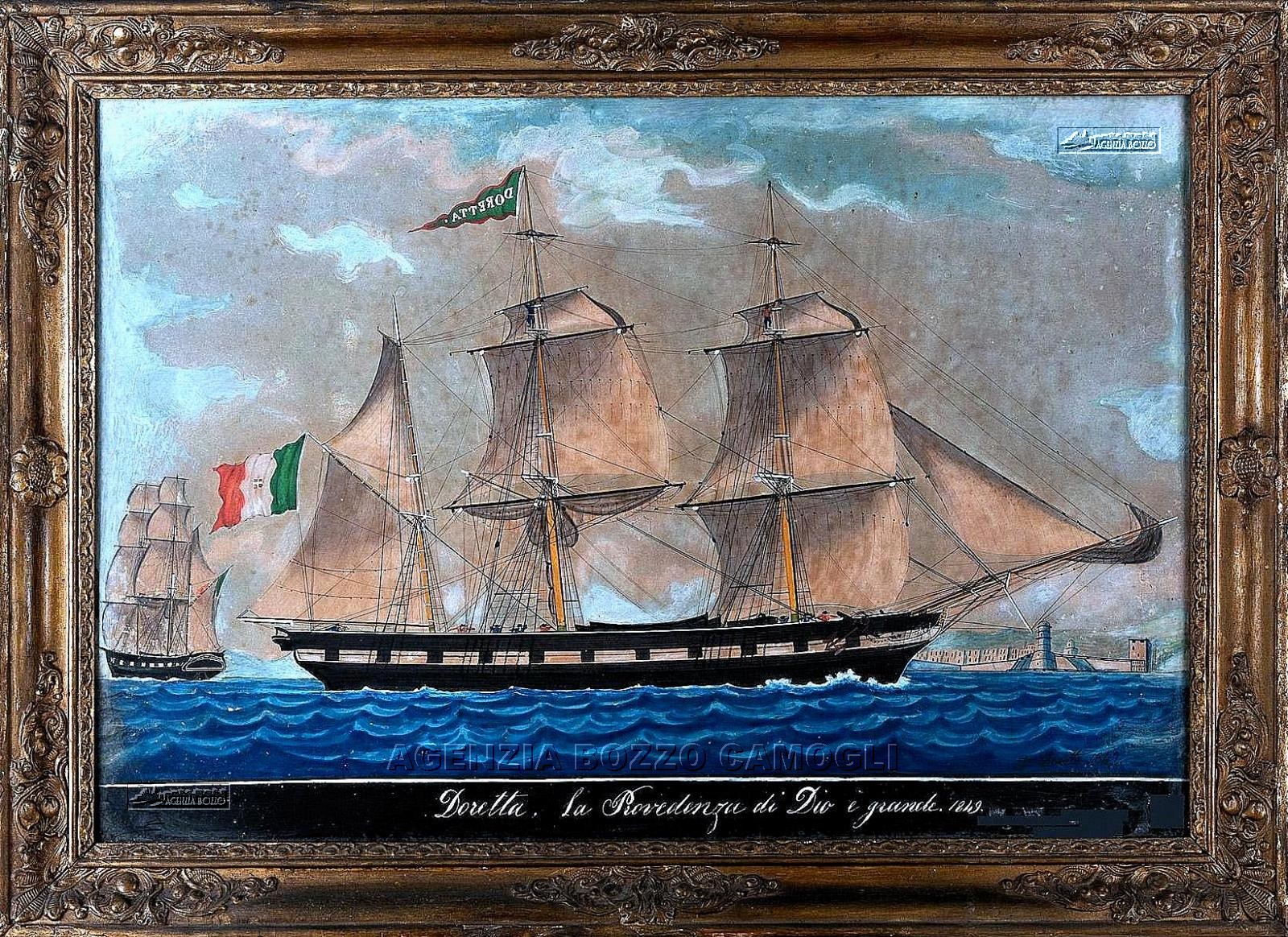 Agenzia Bozzo Dipinti Antichi Velieri La Provvidenza Di Dio E Grande Doretta Brigantino A Palo Dipinto Da Scotto Di Malta Nel 1849 In Navigazione
